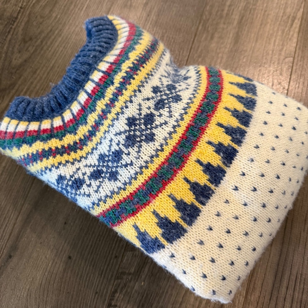 Laura Gayle Vintage Fair Isle Crewneck Sweater Cream‎ Blue Yellow Small RN 17322